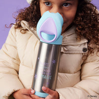 Child drinking from the BBox Frozen Drink Bottle  against a purple background