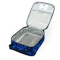 An open Montii insulated lunch bag showing an alumimum interior, and the MontiiCo's best-selling ice pack, plus the name tag on the lid