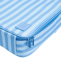 A close-up of a MontiiCo Splash Stripe lunch bag showing durable fabric and YKK zippers