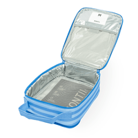 An open 	Montii Splash Stripe Large Insulated Lunch Bag with an aluminum interior, showing a name label and the MontiiCo's best-selling ice pack