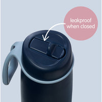 BBox Midnight insulated bottle with a gray handle and leakproof lid on a light blue background.