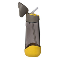 Gray and yellow water bottle with straw lid on a white background