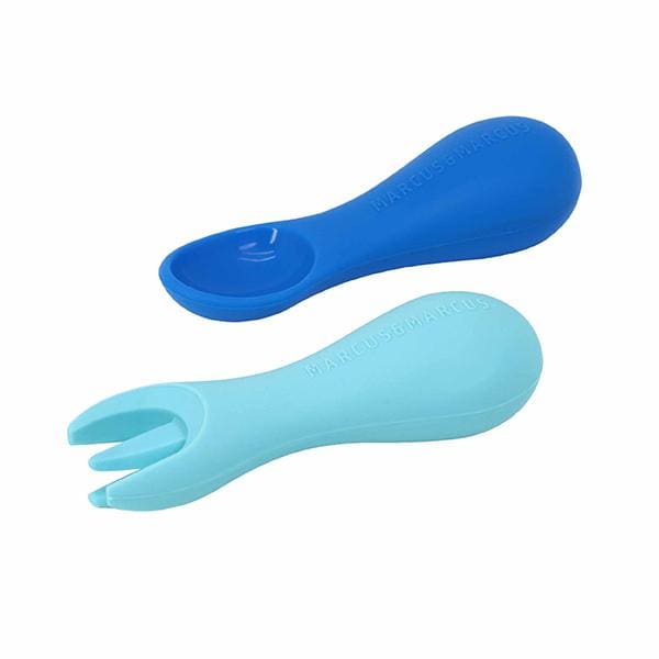 Silicone Palm Grasp Spoon & Fork Set Blue & Baby Blue Marcus & Marcus Cutlery