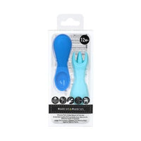 Silicone Palm Grasp Spoon & Fork Set Blue & Baby Blue Marcus & Marcus Cutlery