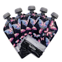 Five Pack of the Butterflies design of Swish Reusable Food Pouches 