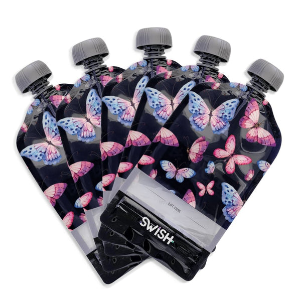 Five Pack of the Butterflies design of Swish Reusable Food Pouches 