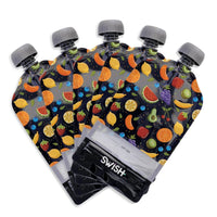 Five Pack of the Fruit design of Swish Reusable Food Pouches - Food Pouches NZ