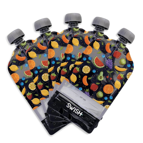 Five Pack of the Fruit design of Swish Reusable Food Pouches - Food Pouches NZ