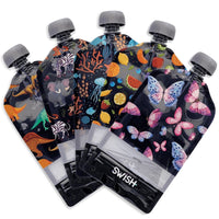 5 Pack of Swish food pouches with various designs - Swish Reusable Food Pouches NZ