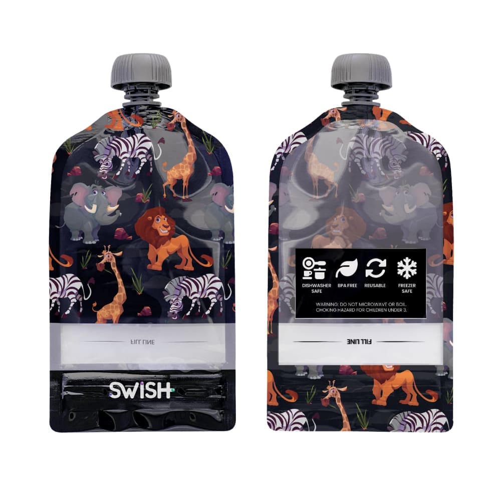 Pack of 2 of the Safari Animals design of Swish Reusable Food Pouches - Reusable Food Pouches NZ