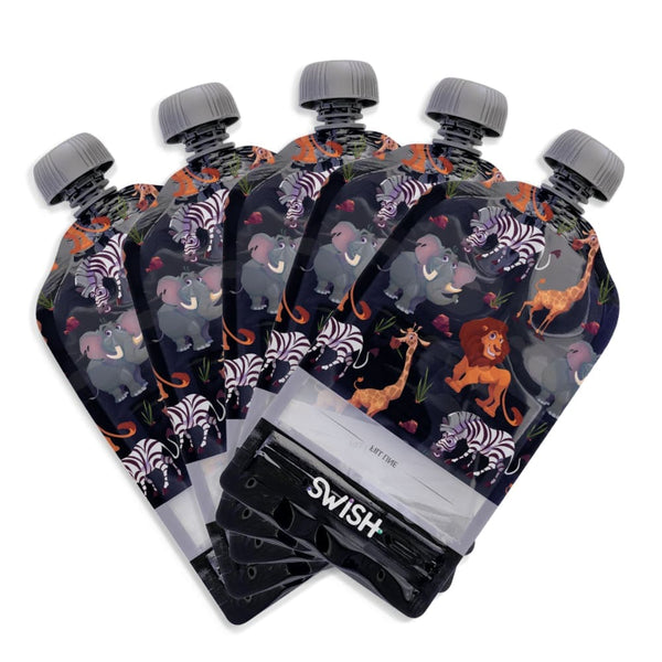 Set of 5 of the Safari Animal design of Swish Reusable Food Pouches - Reusable Food Pouches NZ