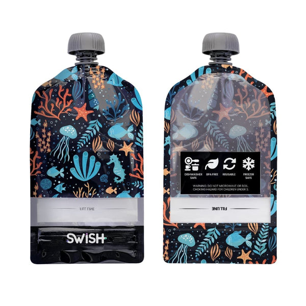 Pack of 2 of the Sealife design of Swish Reusable Food Pouches - Reusable Food Pouches NZ