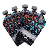 Five Pack of the Sealife design of Swish Reusable Food Pouches - Food Pouches NZ