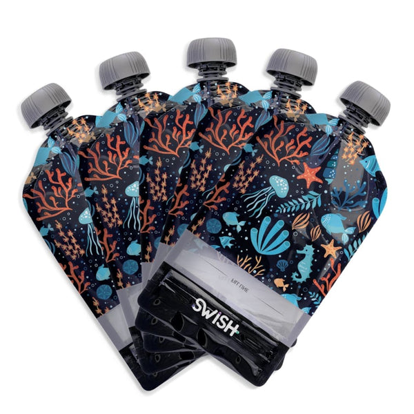 Five Pack of the Sealife design of Swish Reusable Food Pouches - Food Pouches NZ